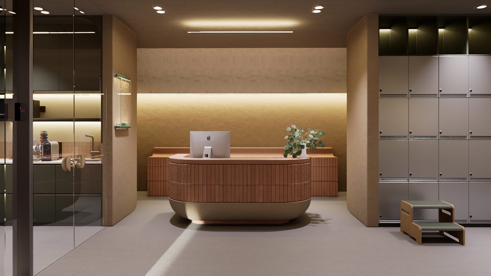 Reception and the member lockers at Argil in Pererenan, with a timber counter and clay-toned walls
