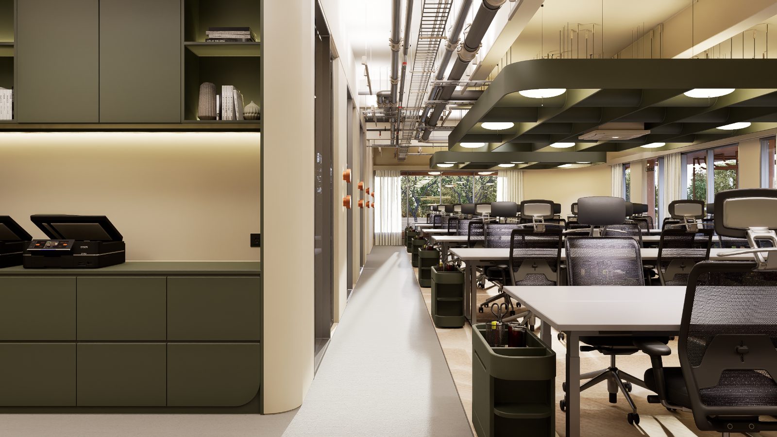 The kitchen and print corridor at Argil in Pererenan, with the coffee station and the shared printer
