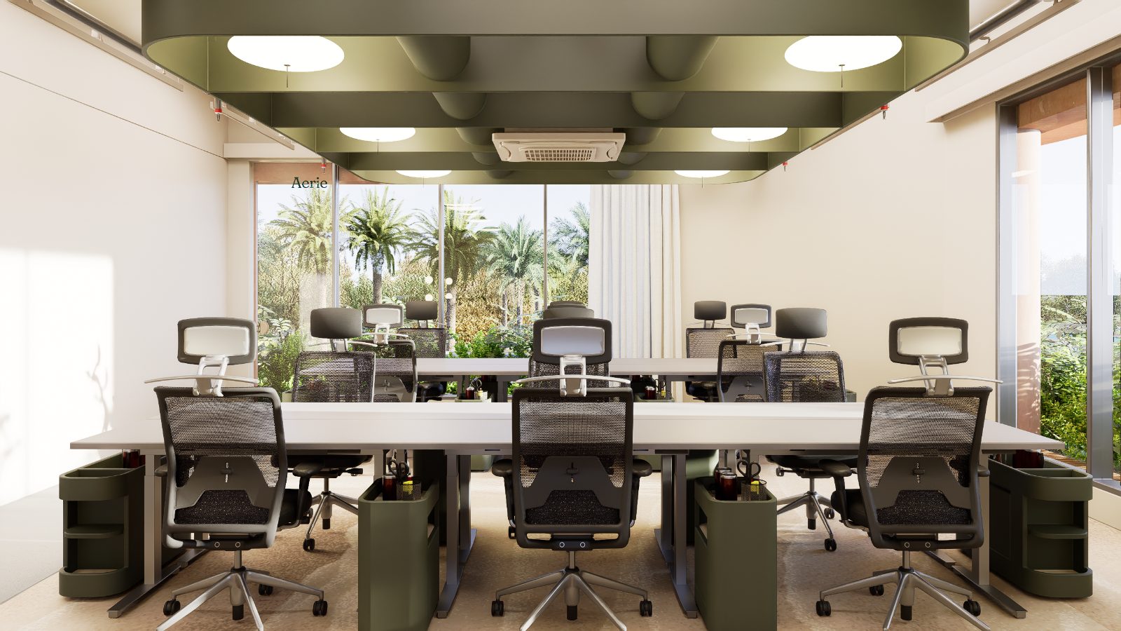 The open hot-desk floor at Argil in Pererenan, with desks and ergonomic chairs beside tall windows