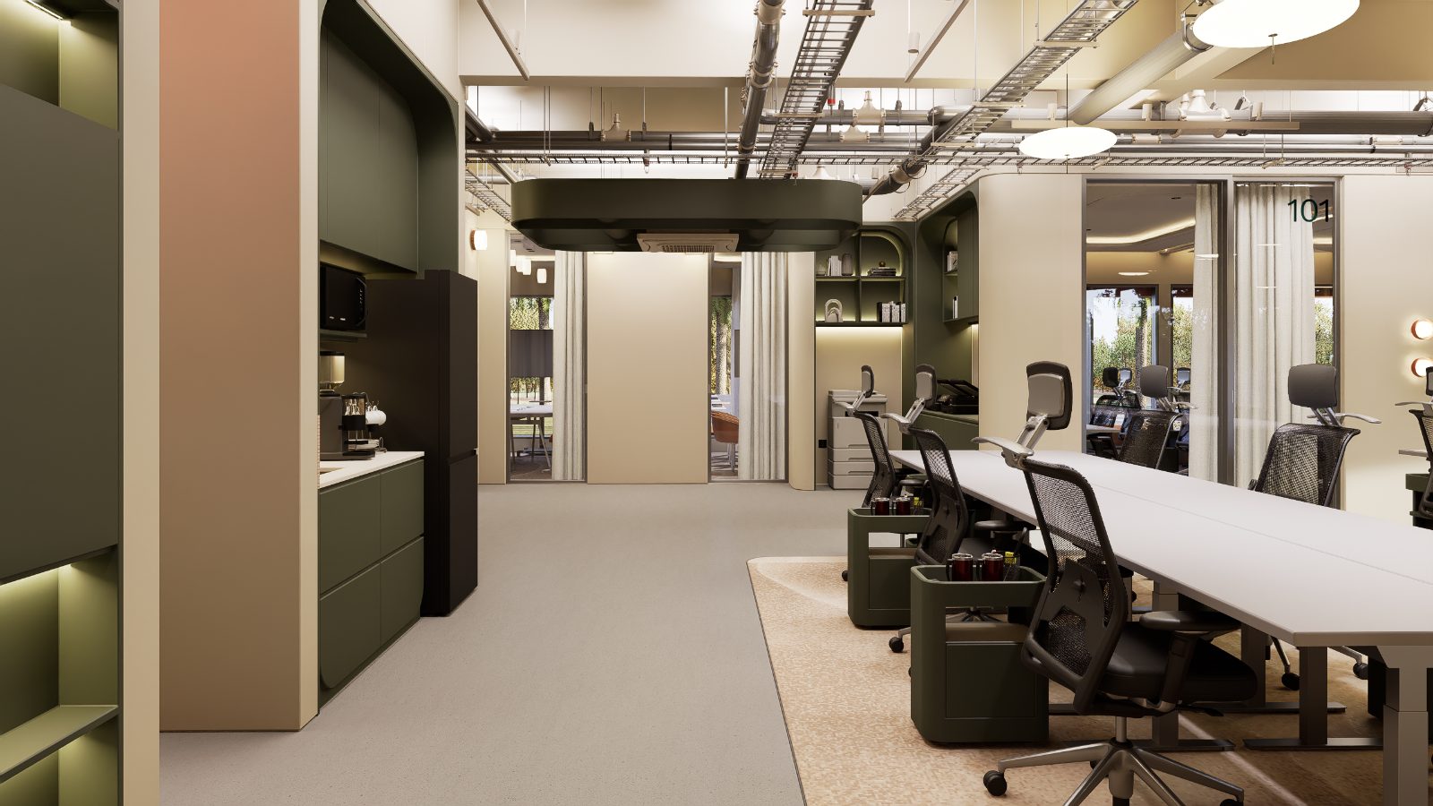 A dedicated desk room at Argil in Pererenan, with curved worktops, dual monitors and personal shelving